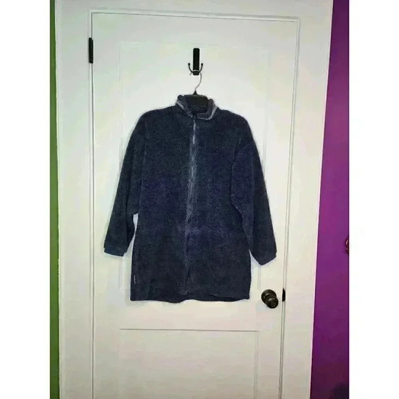Women's Size Medium Vintage USA Made Columbia Deep Pile Blue Navy Fleece Jacket - Picture 1 of 6